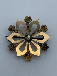 Antique PSCO Victorian Style Floral Pendant Brooch, Gold Toned, With Clear Center Stone, 1 Inch