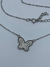 Charming Crystal Covered Sterling Fixed Butterfly Pendant & Necklace, Marked 925, 18 Inch, 2.8g