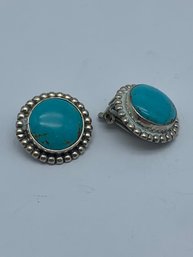 Scalloped Sterling Silver Clip On Earrings With Smooth Round Turquoise, Marked Sterling, 5/8 Inch, 6.3g