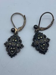 Vintage Sterling And Marcasite Pendant Earrings With Makers Mark, Marked Sterling, 1 Inch, 4g