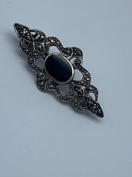 Sterling  Marcasite And Onyx Brooch, Oval Center Stone, 1.5 Inch, 4.5g