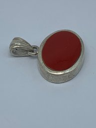 925 Oval Pendant With Red Gemstone In Sterling Setting, Marked 925, 3/4-Inch, 4g