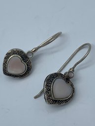 Patterned Edge Heart Earrings With Pink Stone, Latch Back Post, Marked 925, 1/2 Inch Heart, 4.4g