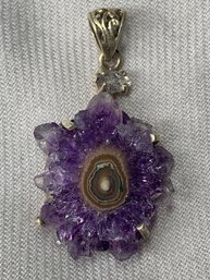 Cut Amethyst Crystal Pendant In Sterling Silver With Herkimer Diamond, Detailed Bale, Marked 925