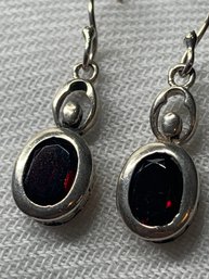 Vintage Sterling Silver Pierced Fish Hook Dangle Earrings With Oval Red Stones, Marked 925