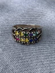 Silver Ring With Two Rows Of Multicolored Faceted Stones, Marked Sterling