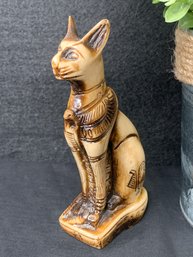 Egyptian Cat Sphinx Sculpture With Cobra And Hieroglyphics, Glazed Resin