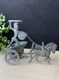 Vintage Metal (Bronze?) Statue Of Chariot With Rider And Two Horses, Patina