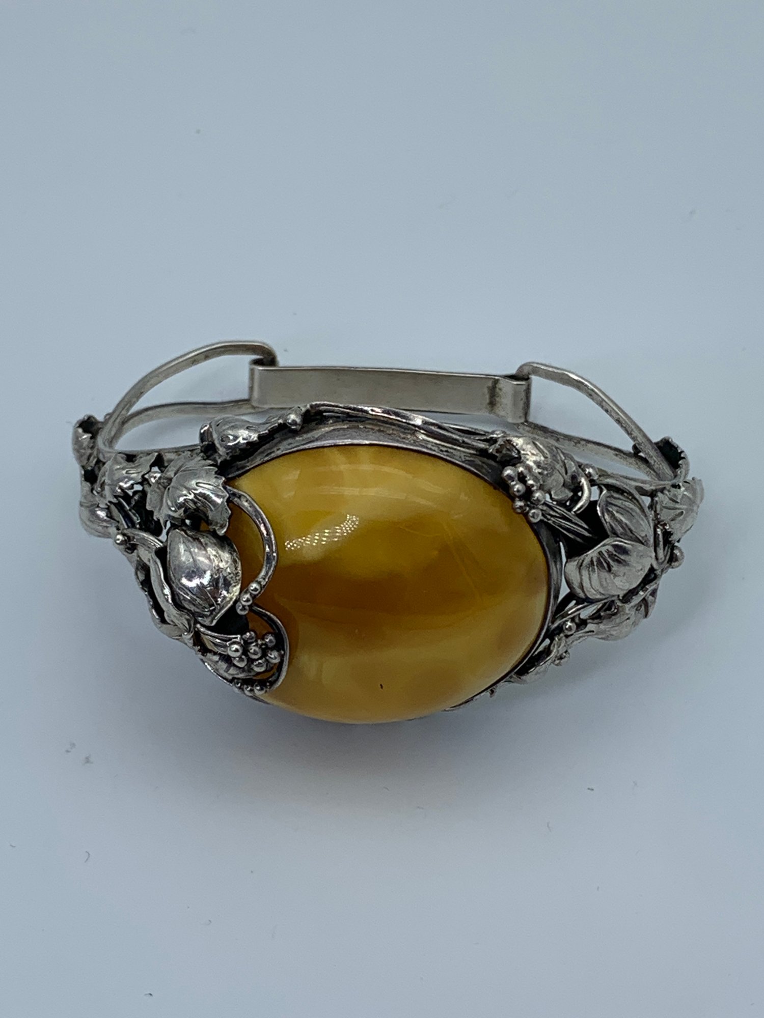 Large Butterscotch Egg Yolk Baltic Amber Sterling Silver Cuff Bracelet With Floral Pattern