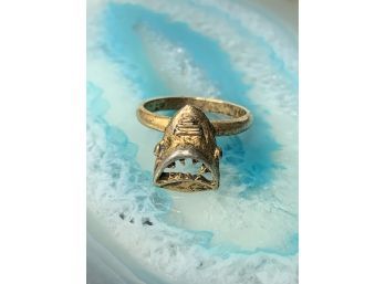 Late 1970s JAWS Era Fashion Ring, Adjustable Band, Shark Head, Gold Toned