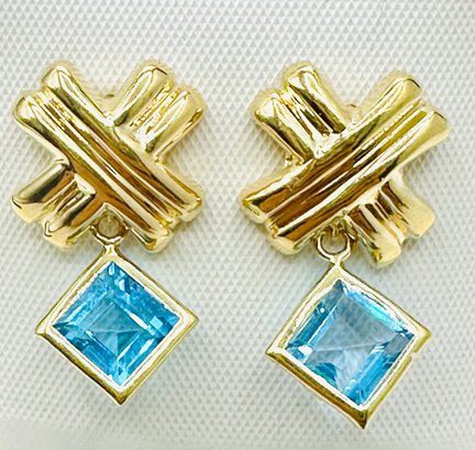 14KT Yellow Gold  Pair Of Blue Topaz Drops Earrings - J11652