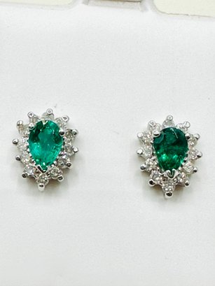 14KT White Gold  Pair Of Natural Diamond And Emerald Earrings - J11642