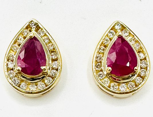14KT Yellow Gold  Pair Of Natural Diamond And Ruby Earrings - J11638