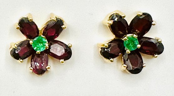 14KT Yellow Gold  Pair Of Natural Emerald And Garnet Earrings - J11646