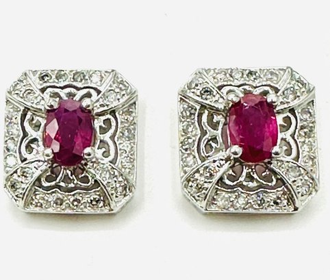 14KT White Gold  Pair Of Natural Diamond And Ruby Earrings - J11636
