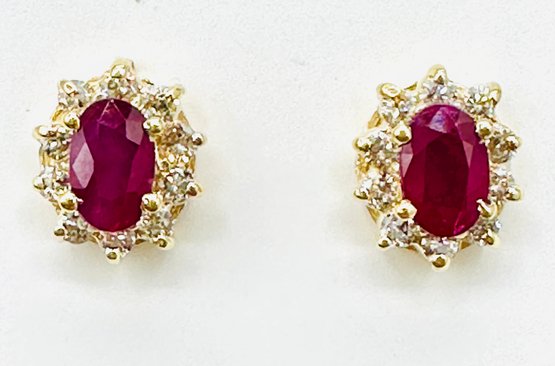 14KT Yellow Gold  Pair Of Natural Diamond And Ruby Earrings - J11639