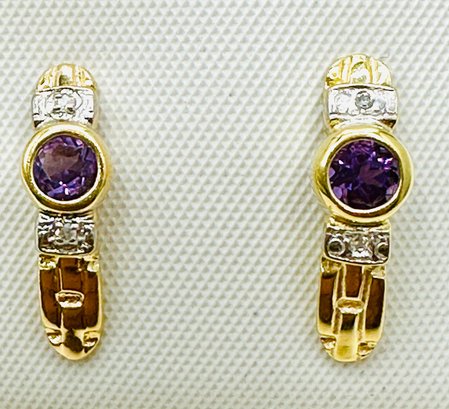 14KT Yellow Gold  Pair Of Natural Diamond And Amethyst Earrings - J11650