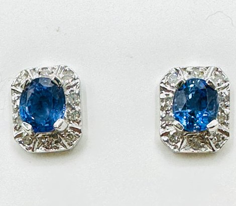 14KT White Gold  Pair Of Natural Diamond And Sapphire Earrings -J11647