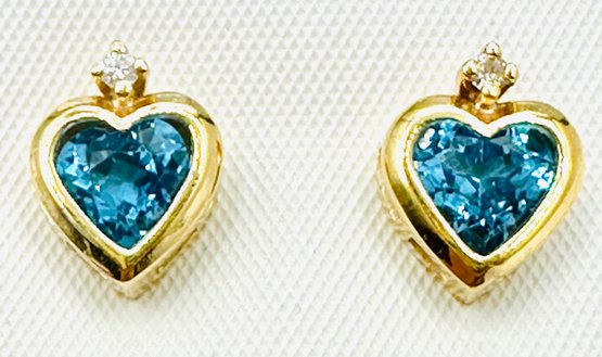 14KT Yellow Gold Pair Of Natural Diamond And Blue Topaz Earrings -J11654