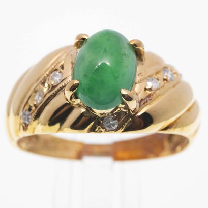 14K Gold And Diamond Cabochon Icy Jadeite Ring