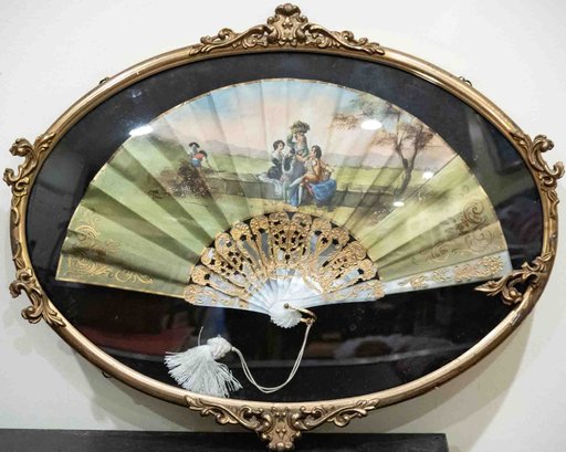 Vintage Victorian Style Hand Painted On Fan Framed