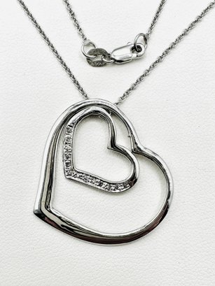 14 Karat White Gold Natural Diamond Double Heart Pendant With Chain - J11588