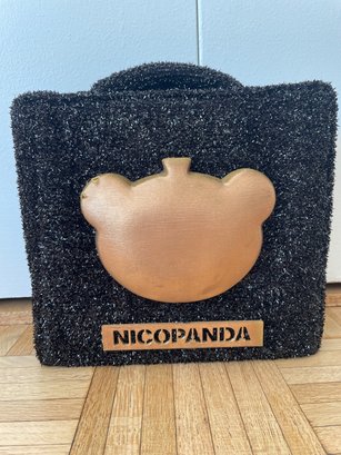 Rare Nicopanda Black Glitter Fabric Gold Panda Head Shape Prop Bag - Authentic Collectible