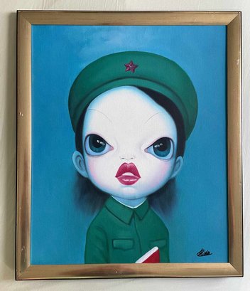 Wang Zhijie Signed Oil Painting 'Military Girl'  Vintage Pop Surrealism Artwork 22x26 Framed