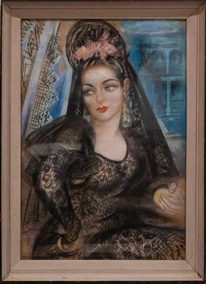 Antique Framed Vintage Pastel Painting Signed R. Casas,  Fine Art Modernist Painting Portrait Of Woman