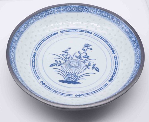 Old Chinese Blue And White Rice Glaze Large Porcelain Bowl