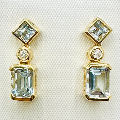 14KT Yellow Gold  Pair Of Natural Diamond And Aquamarine Drops Earrings -J11645