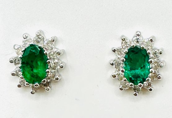14KT White Gold  Pair Of Natural Diamond And Emerald Earrings - J11641