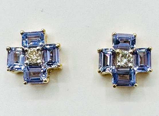 14KT Yellow Gold  Pair Of Natural Diamond And Tanzanite Earrings -J11644