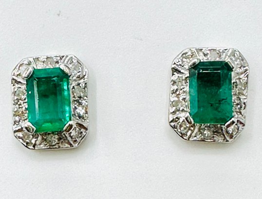 14KT White Gold  Pair Of Natural Diamond And Emerald Earrings -J11640