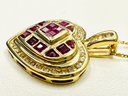 14KT Yellow Gold Natural Ruby And Diamond Heart Shaped Necklace - J11194
