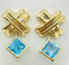 14KT Yellow Gold  Pair Of Blue Topaz Drops Earrings - J11652