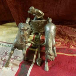 Vintage Metal Roman Chariot With Horses Statue