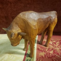 Vintage Carved Wood Bull Statue