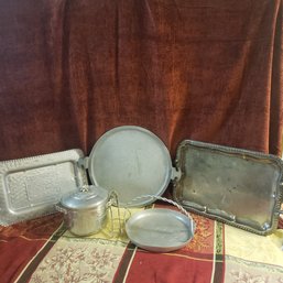 Lot Of Vintage  Aluminum And Silver Plate Trays And Ice Bucket