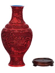 CHINESE LACQUER HAND CARVED FAUX CINNABAR VASE