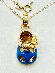 14KT Yellow Gold Blue Enamel Baby Shoe Pendant With Fancy Chain - J11665