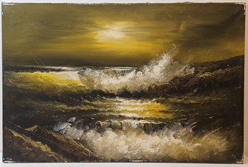 Vintage Impressionist Oil On Canvas 'Dark Ocean Waves'