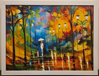 Modernist Oil On Canvas 'Vibrant Park Stroll'
