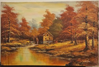 Vintage Impressionist Oil On Canvas 'Landscape With Cabin By Lake'