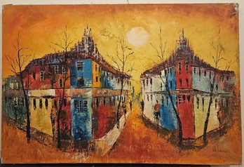 Vintage Impressionist Oil On Canvas 'City Street Scene At Sundown'