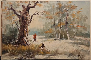 Vintage Impressionist Oil On Canvas 'Hunting With Dog In Forest'