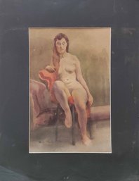 Antique Watercolor On Paper Portrait Of A Nude Girl