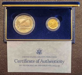 1987 Commemorative Silver Dollar And Five Dollar Gold Coin Set With COA