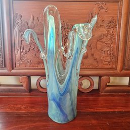 Multicolored Artisan Hand Blown Heavy Art Glass Vase Blue Green