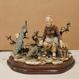 Dino Bonalberti Capodimonte Figure W Grandma & Peacocks Porcelain Statue